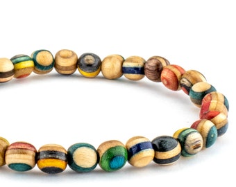 Recycled Skateboard Wood Bead Bracelet: Handmade Boho Wristband