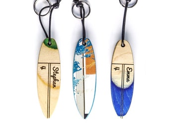 Surfboard Keychain Personalized gift, made from Recycled Skateboards, Custom Gift, Engraved name, Wood Surfboard, Surfer Gift, Wood keychain