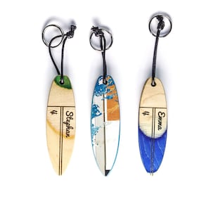 Porte-clé de planche de surf, cadeau personnalisé, fabriqué à partir de planches à roulettes recyclées, cadeau personnalisé, nom gravé, planche de surf en bois, cadeau de surfeur, porte-clé en bois