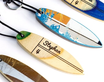 Personalized Gift for Him - Custom Surfboard Keychain from Recycled Skateboards - Engraved name - Wood Surfboard - Surfer Gift Wood keychain