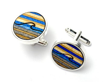 Wave Round Blue Wood Cufflinks - Gemelos de skateboard reciclados - Gemelos de surf - Regalo de boda - Gemelos de madera - Regalo de novios