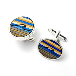 Wave Round Blue Wood Cufflinks Recycled Skateboard Cufflinks Surfing Cufflinks Wedding Gift Wooden Cufflinks Groomsmen Gift image 1