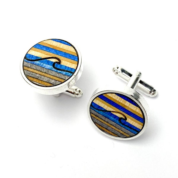 Wave Round Blue Wood Cufflinks - Gemelos de skateboard reciclados - Gemelos de surf - Regalo de boda - Gemelos de madera - Regalo de novios