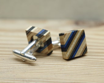Wood Cufflinks for Groomsmen or Wedding - 5th Anniversary Cufflinks - Recycled Skateboards - Black and Blue - Square cufflink