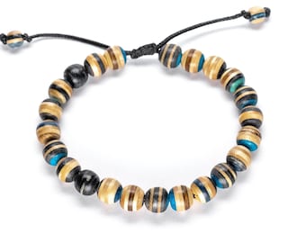 Blue Recycled Skateboard Beaded Bracelet - 8mm Wood Boho Bracelet
