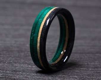 Recycled Skateboard Ring - Wood Ring - Boho Ring - Wood bands - Wedding Band - Mens Ring - Wooden Ring - Emerald Blue Ring - Boyfriend Gift