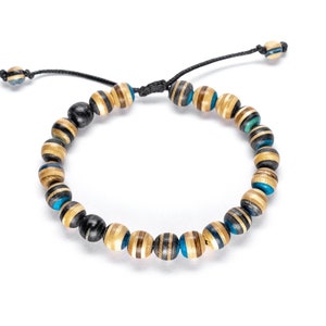 Heren kralenarmband - 8 mm - Blauwe gerecyclede skateboards, houten kralenarmband - Cadeau voor hem, Boho, vriend, houten armband, verstelbaar