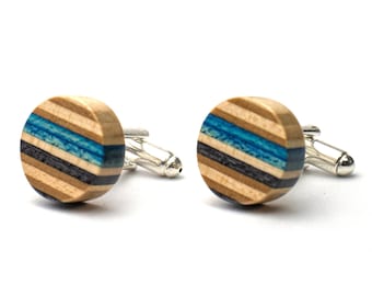 Wedding Cufflinks from Recycled Skateboards - Wood Cufflinks - Groomsmen Gift - Wooden Cufflinks -  Blue Cuff links -  Cufflinks for men