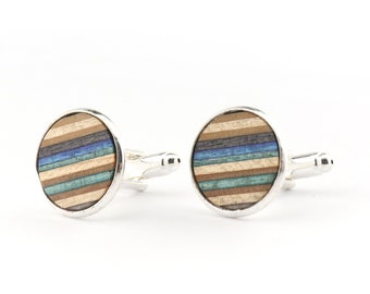 Blue Green Cufflinks - Wood Cufflinks - Recycled Skateboard Cufflinks - Womens Cufflinks - Wooden Cufflinks - Groomsmen Gift - Blue Cuffs