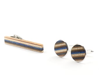 Tie Clip Set from Skateboards - Wedding cufflinks - Anniversary gift - Personalized tie bar and cufflinks - Groomsmen personal gift set