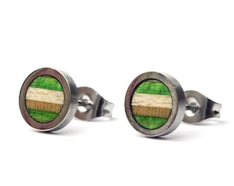 Simple round wood studs - Green - Recycled Skateboards - Tiny Circle Earring - Sjmple Disc Circle Stud - Small studs - Small Dot Studs