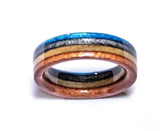 Skateboard Ring - Wood Men Ring - Blue Wood Ring - Unique Engagement Ring - Recycled ring - Wedding Band - Wide Band - Wide wood Ring