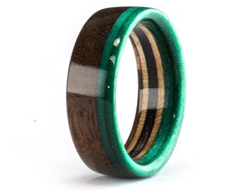 Walnut and Recycled Skateboard Wooden Ring - Wedding Ring - Wooden Band - Green Metalic - Ring for Men - Boyfriend Gift - Anniversary Gift