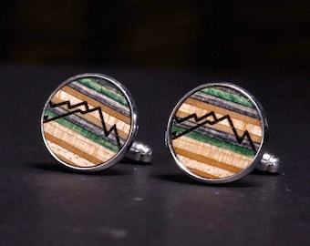 Wood Cufflinks Custom Cufflinks Wooden Cufflinks Unique Cufflinks Mens Cufflinks Recycled Skateboards Round Cufflinks Mens Gifts