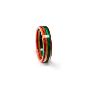 Orange Green ring made from recycled skateboards Wooden Ring Wedding Band Unique Wedding Ring Anniversary gift for her Wood ring image 5