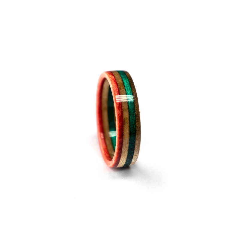 Orange Green ring made from recycled skateboards Wooden Ring Wedding Band Unique Wedding Ring Anniversary gift for her Wood ring image 5