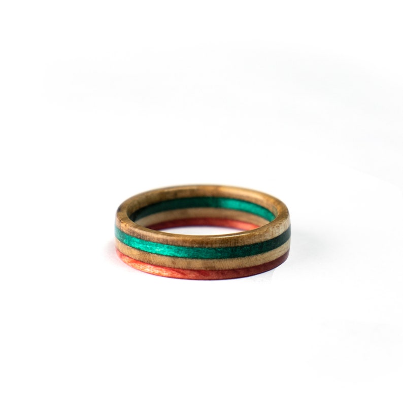 Orange Green ring made from recycled skateboards Wooden Ring Wedding Band Unique Wedding Ring Anniversary gift for her Wood ring image 3