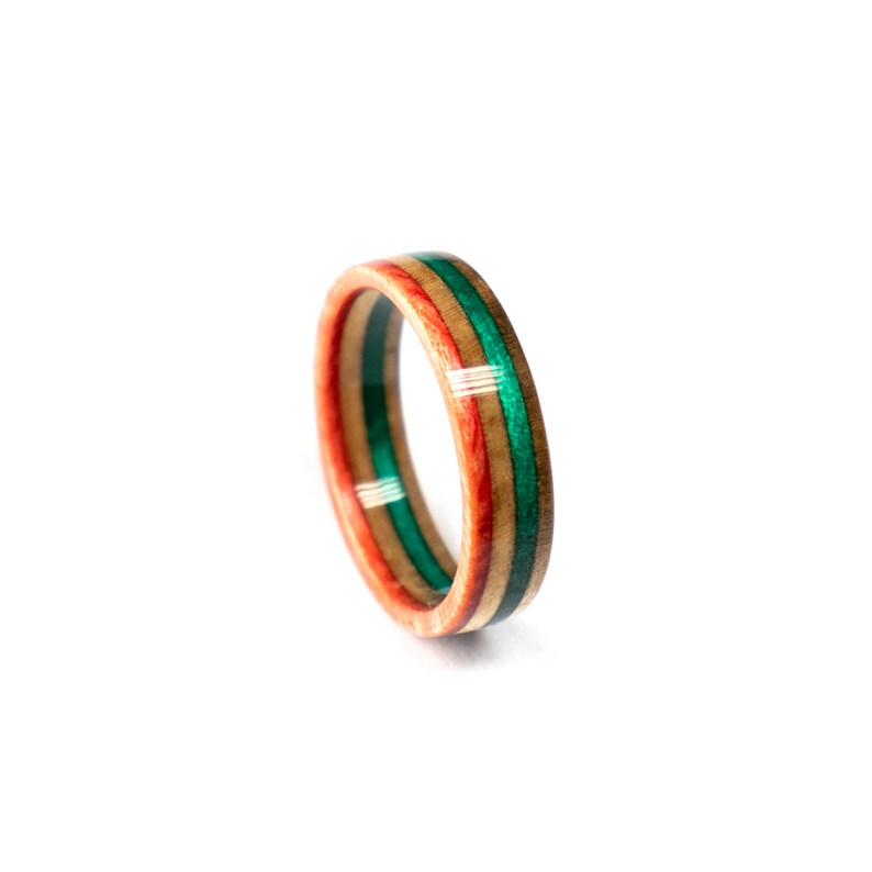 Orange Green ring made from recycled skateboards Wooden Ring Wedding Band Unique Wedding Ring Anniversary gift for her Wood ring image 2