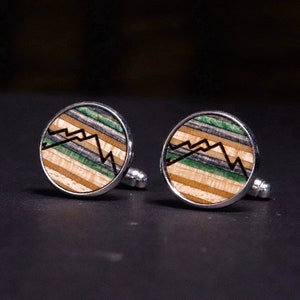 Mountain Round Green Wood Cufflinks - Recycled Skateboard Cufflinks - Mountain Cufflinks - Wedding Gift - Wooden Cufflinks - Groomsmen Gift