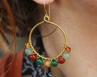 Boho earrings in brass and semi-precious stones