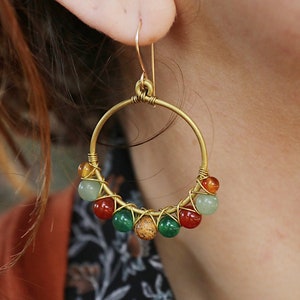 Boho earrings in brass and semi-precious stones image 1