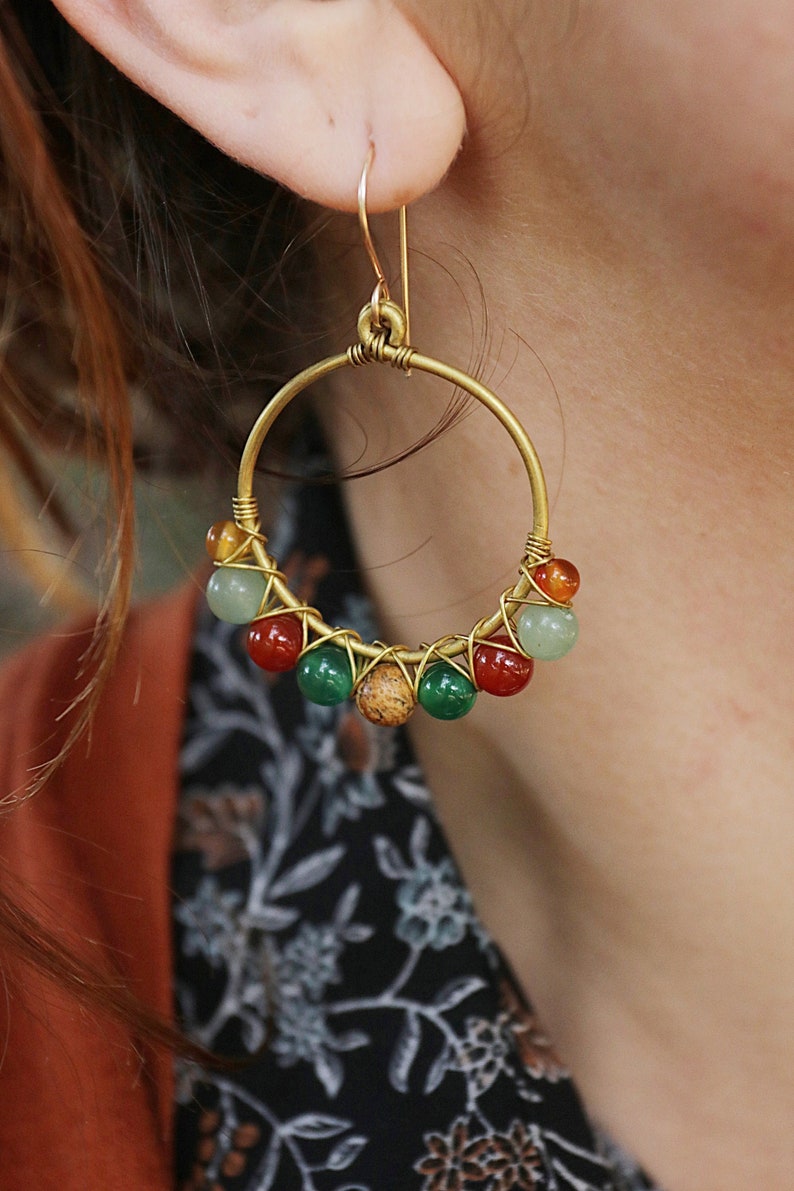 Boho earrings in brass and semi-precious stones image 1