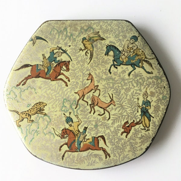 Vintage Powder Compact with Persian hunting scene, 1950s