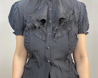 Black Steampunk Ruffle Blouse – Gothic Victorian High Collar Top for Women