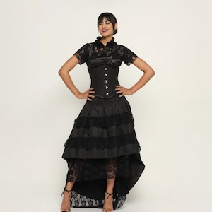 Handmade Gothic Victorian Brocade Corset Dress: Steel Boned High Low Skirt