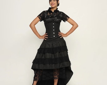 Handmade Gothic Victorian Brocade Corset Dress: Steel Boned High Low Skirt