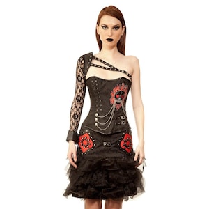 Skull Overbust Corset Dress Set: Gothic Steampunk Outfit with Sleeve