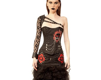 Completo corsetto con teschio sopra il seno: abito steampunk gotico con maniche