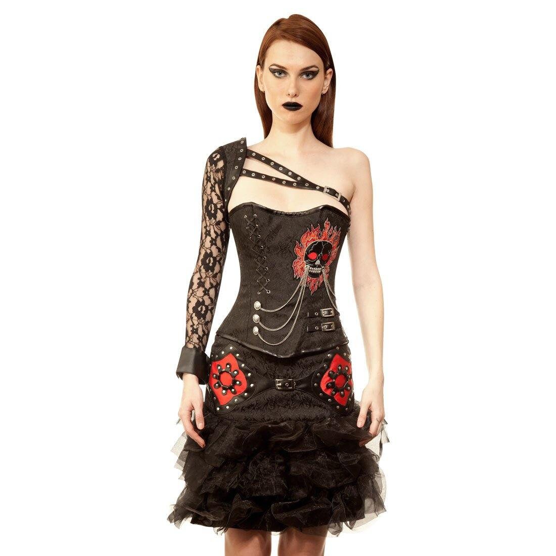 skull corset dress Skull Overbust Corset Dress Set: Gothic Steampunk Outfit with Sleeve