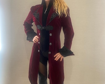 Gothic Victorian Vampire Steampunk Velvet Red Tailed Jacket Coat Plus Size Up to 7XL