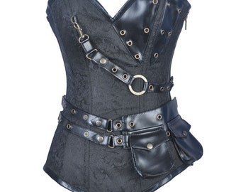Steampunk Corset: Steel Boned Overbust, Vegan Leather Pouches