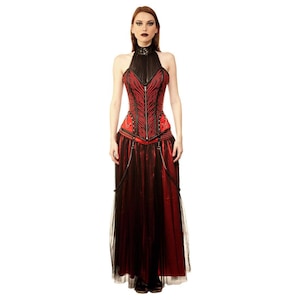 Vampire Gothic Witch Corset Dress Dark Fantasy Wizard Sorcerer Evil Queen Villain Cosplay Red Outfit Plus Size XS to 7XL