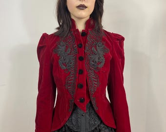Luxurious Red Velvet Gothic Victorian Riding Jacket with Black Baroque Embroidery | Steampunk Tailcoat Style