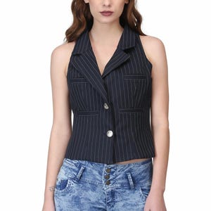 Pinstripe Waistcoat Vest: Blue White Stripe, Silver Buttons (XS-7XL)