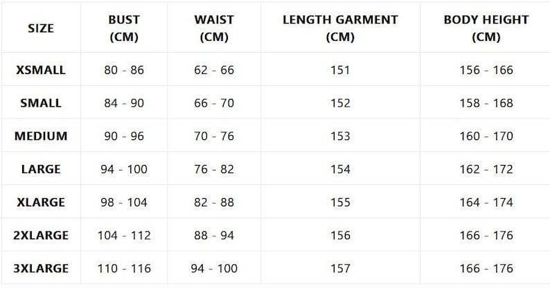 Op de afbeelding: Maattabel met de borst-, taille-, kledinglengte- en lichaamshoogtemetingen in centimeters voor maten XS tot 3XL.