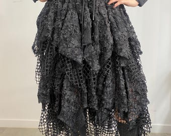 Black Gothic Layered Skirt – Asymmetrical Lace Grunge Skirt – Witch Victorian Steampunk Style