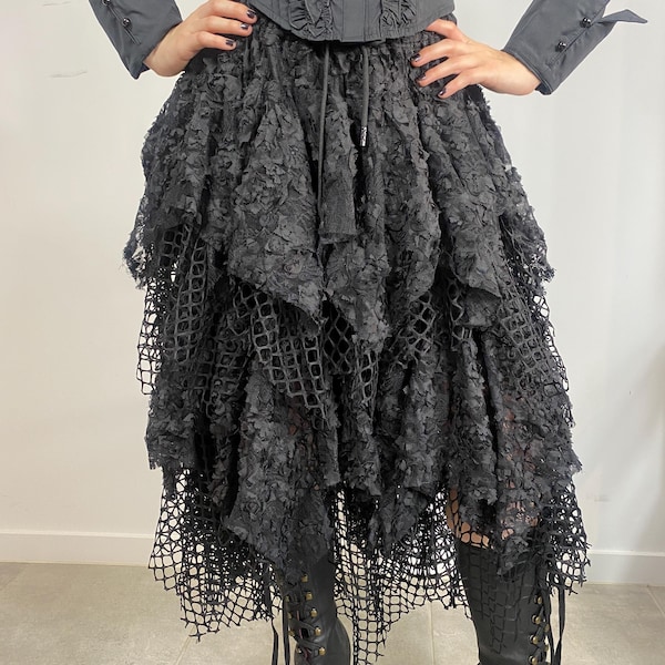 Black Gothic Layered Skirt – Asymmetrical Lace Grunge Skirt – Witch Victorian Steampunk Style