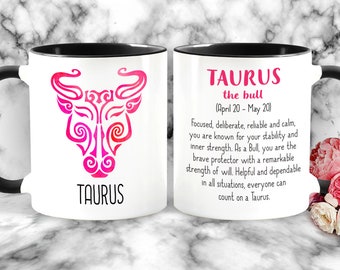 Taurus Zodiac Sign Mug - Symbol & Description (April 20 – May 20) Astrology Mug, Horoscope, Earth Sign, Pink Mug, Birthday Gift