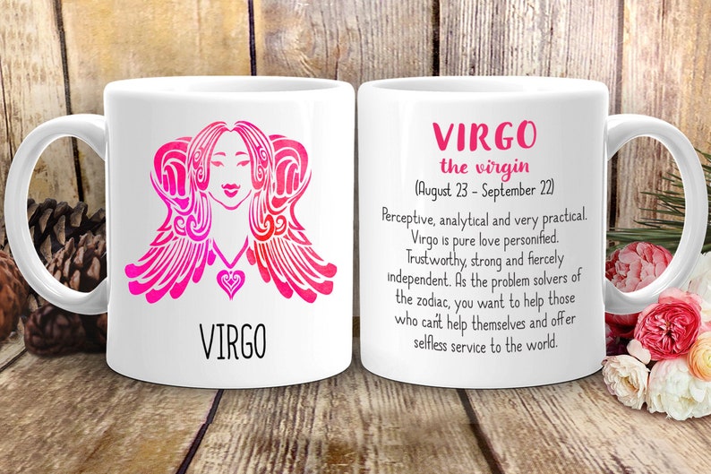 May include: White ceramic mug with a pink and white graphic of the Virgo zodiac sign and the text "VIRGO the virgin (August 23 - September 22)" and a description of the Virgo personality.