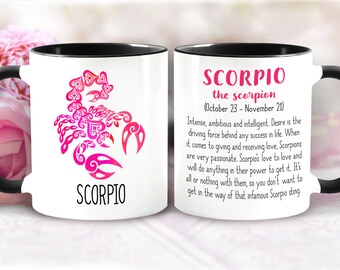 Scorpio Zodiac Sign Mug - Scorpion Symbol & Description (October 23 – November 21) Astrology Mug, Horoscope, Water Sign, Pink, Birthday Gift