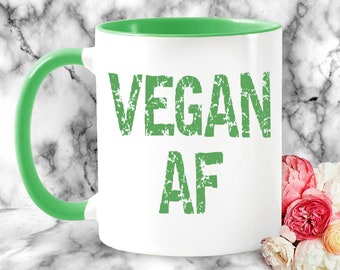 VEGAN AF Mug - Vegetarian, Plant Based, Vegan gift, Green mug,  friends not food, distressed words