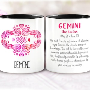 Gemini Zodiac Sign Mug - Symbol & Description (May 21 – June 20) Astrology Mug, Horoscope, Air Sign, Pink Mug, Birthday Gift