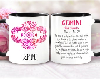 Gemini Zodiac Sign Mug - Symbol & Description (May 21 – June 20) Astrology Mug, Horoscope, Air Sign, Pink Mug, Birthday Gift
