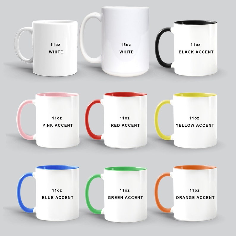 May include: Nine white ceramic mugs with different colored accents around the rim. The mugs are arranged in three rows of three. The top row has a white mug, a white mug with a 15oz label, and a black mug with a black accent. The middle row has a pink mug with a pink accent, a red mug with a red accent, and a yellow mug with a yellow accent. The bottom row has a blue mug with a blue accent, a green mug with a green accent, and an orange mug with an orange accent. Each mug has a 11oz label.