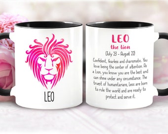 Leo Zodiac Sign Mug - Lion Symbol & Description (July 23 – August 22) Astrology Mug, Horoscope, Fire Sign, Pink Mug, Birthday Gift