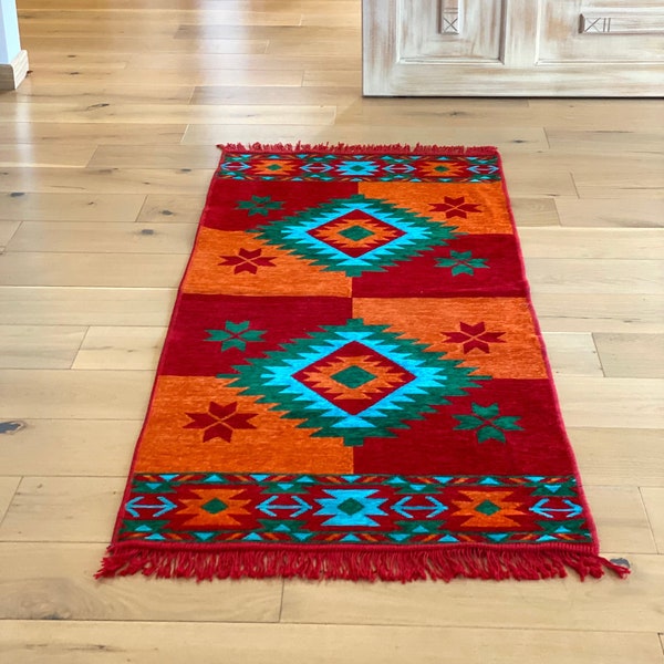 Secret Sea Collection Mexican Area Rug - Washable, Reversible (2' x 4' feet, 60 x 120 cm, Red-Orange-Turquoise)